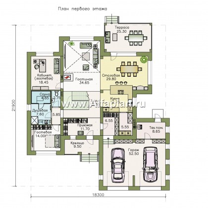 Проекты домов Альфаплан - «Неман» - загородная вилла с двусветной гостиной и большим гаражом - превью плана проекта №1