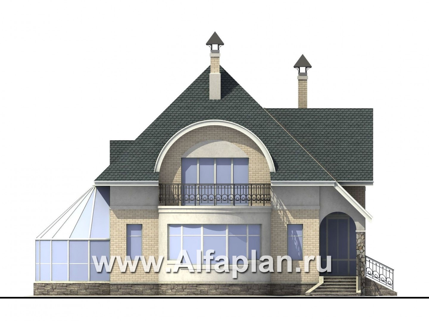 Проекты домов Альфаплан - «Новелла» - архитектурная планировка с полукруглым зимним садом - изображение фасада №1