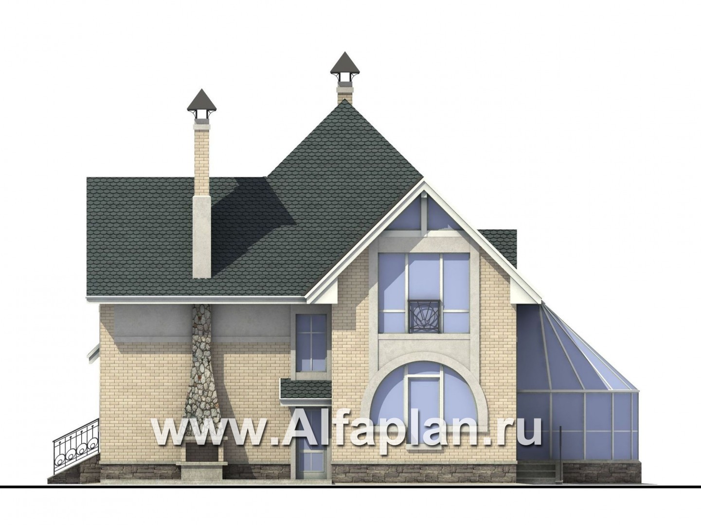 Проекты домов Альфаплан - «Новелла» - архитектурная планировка с полукруглым зимним садом - изображение фасада №4