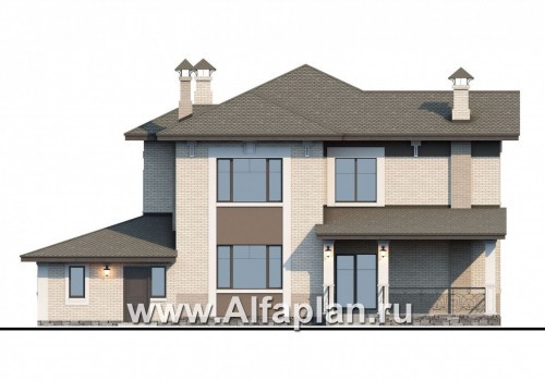 Проекты домов Альфаплан - «Северная корона» - двуxэтажный коттедж с элементами стиля модерн - превью фасада №4