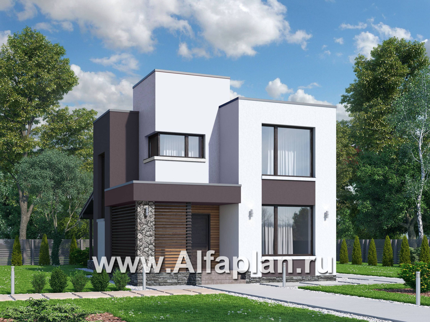«Арс» - проект двухэтажного дома с плоской кровлей, в стиле хай-тек, для узкого участка - дизайн дома №2