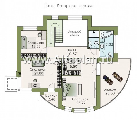 «Меркурий» - проект двухэтажного дома, с террасой и балконом, столовая со вторым светом, островной камин - превью план дома