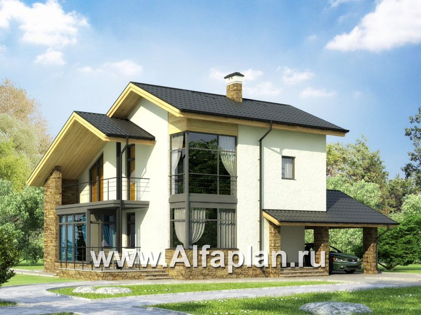Проекты домов Альфаплан - Проект дома в стиле хай-тек с угловым витражом - основное изображение
