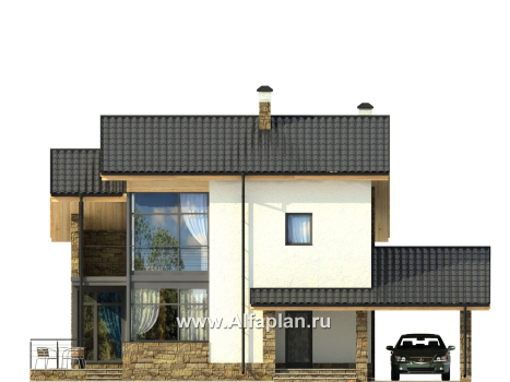 Проекты домов Альфаплан - Проект дома в стиле хай-тек с угловым витражом - превью фасада №1
