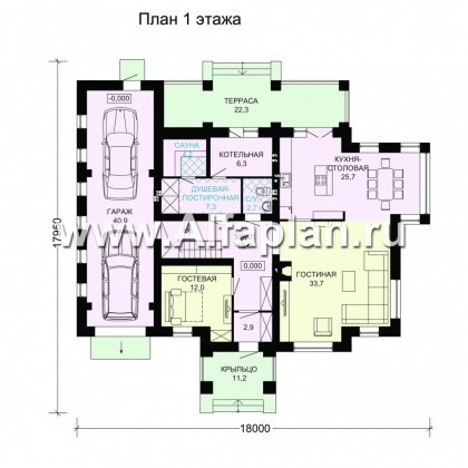 Проект дома с мансардой, планировка с террасой и кабинетом на 1 эт, с гаражом на 2 авто и сауной, в стиле фахверк - превью план дома