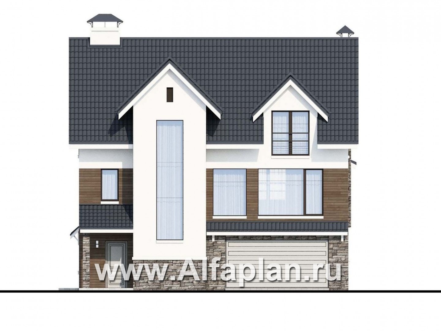 Проекты домов Альфаплан - «Альпина» - проект двухэтажного дома, с мансардой и с гаражом на 2 авто в цоколе - изображение фасада №1