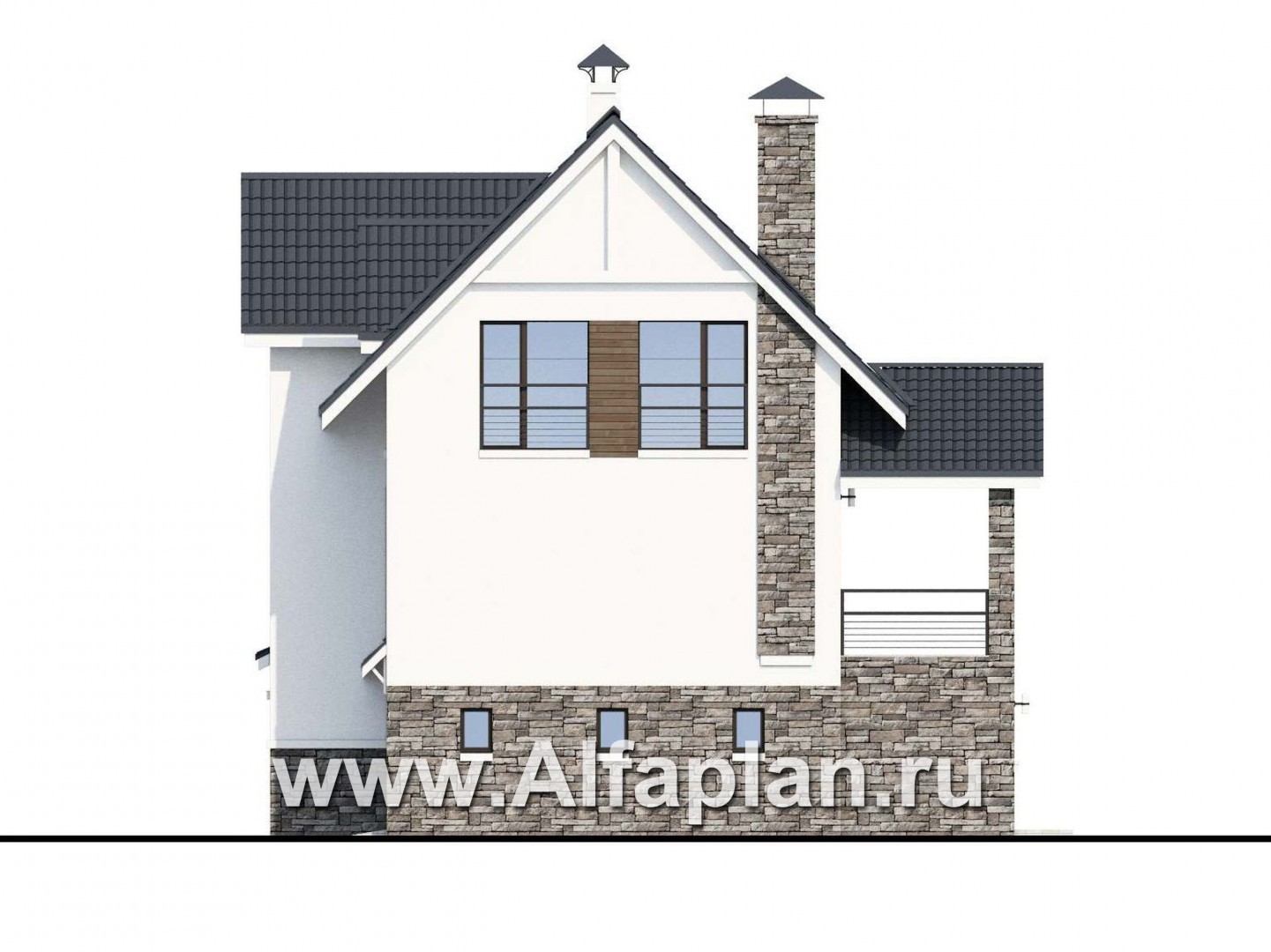 Проекты домов Альфаплан - «Альпина» - проект двухэтажного дома, с мансардой и с гаражом на 2 авто в цоколе - изображение фасада №2