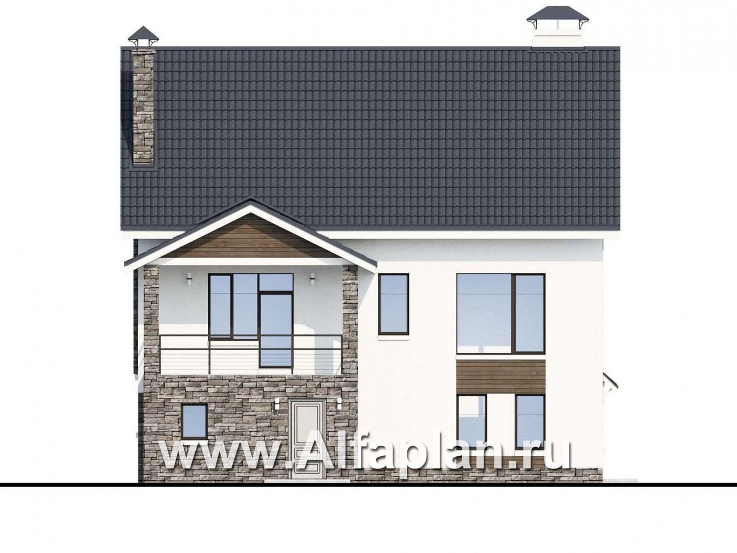 Проекты домов Альфаплан - «Альпина» - проект двухэтажного дома, с мансардой и с гаражом на 2 авто в цоколе - изображение фасада №4