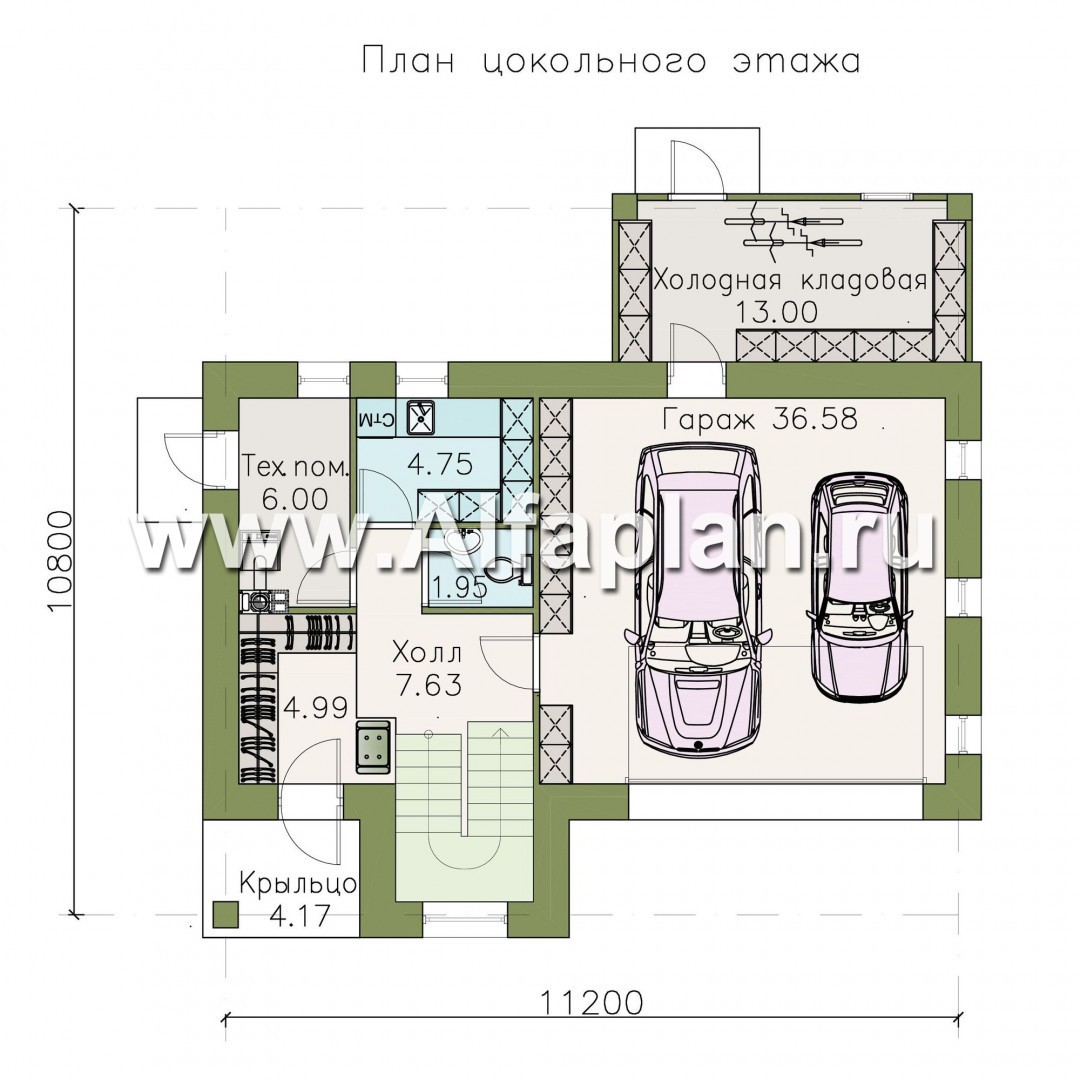«Альпина» - проект двухэтажного дома, с мансардой и с гаражом на 2 авто в цоколе - план дома