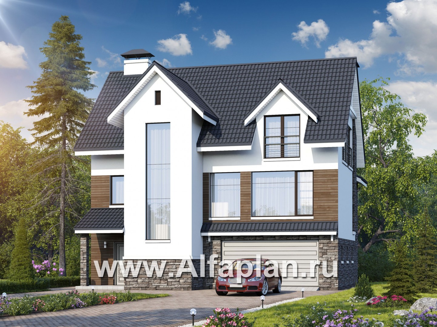 Проекты домов Альфаплан - «Альпина» - проект двухэтажного дома, с мансардой и с гаражом на 2 авто в цоколе - основное изображение
