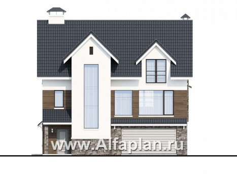Проекты домов Альфаплан - «Альпина» - проект двухэтажного дома, с мансардой и с гаражом на 2 авто в цоколе - превью фасада №1