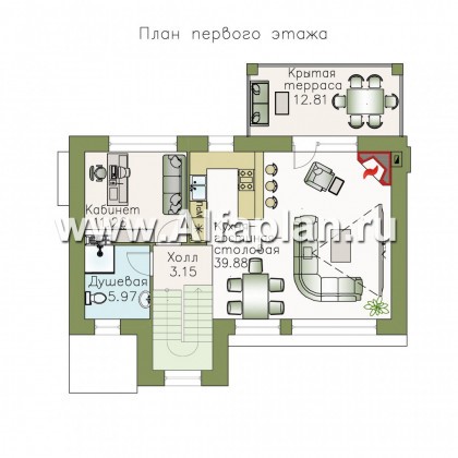 «Альпина» - проект двухэтажного дома, с мансардой и с гаражом на 2 авто в цоколе - превью план дома