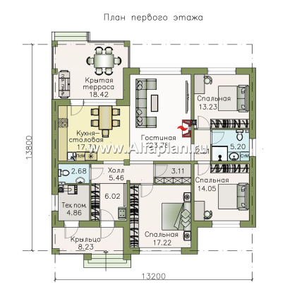 Проекты домов Альфаплан - «Жасмин» - проект одноэтажного дома в классическом стиле - превью плана проекта №1