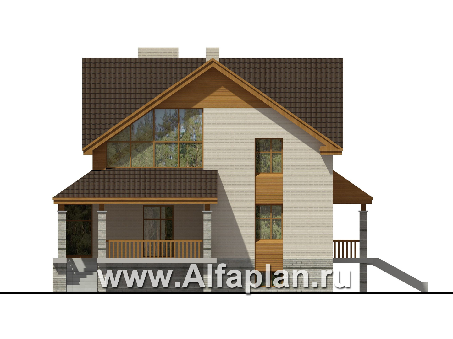 Проекты домов Альфаплан - Кирпичный коттедж с террасой барбекю - изображение фасада №1