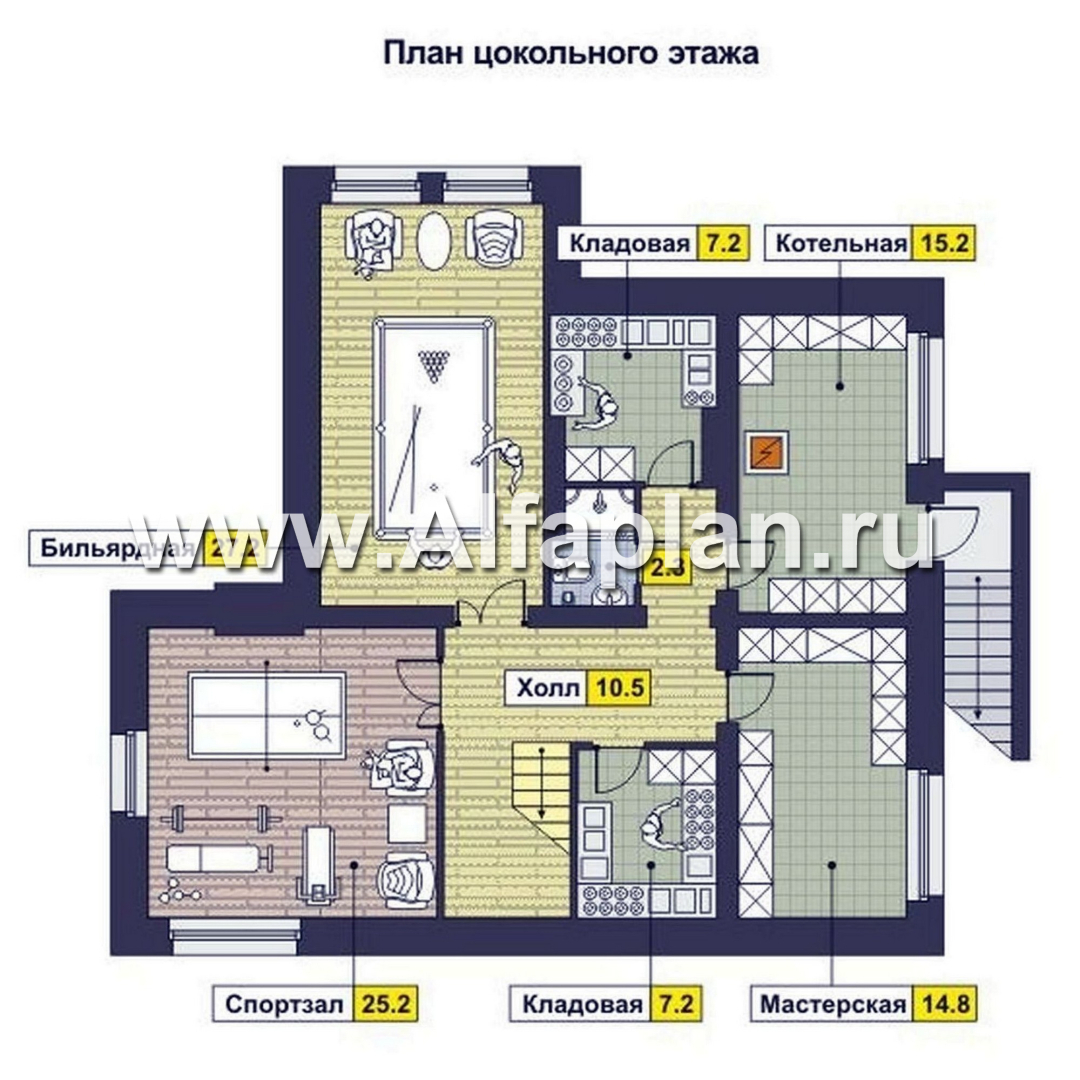 Проект дома с мансардой, планировка с двумя спальнями на 1 эт, с террасой и сауной, с биллиардной в цоколе - план дома