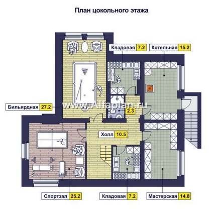 Проект дома с мансардой, планировка с двумя спальнями на 1 эт, с террасой и сауной, с биллиардной в цоколе - превью план дома