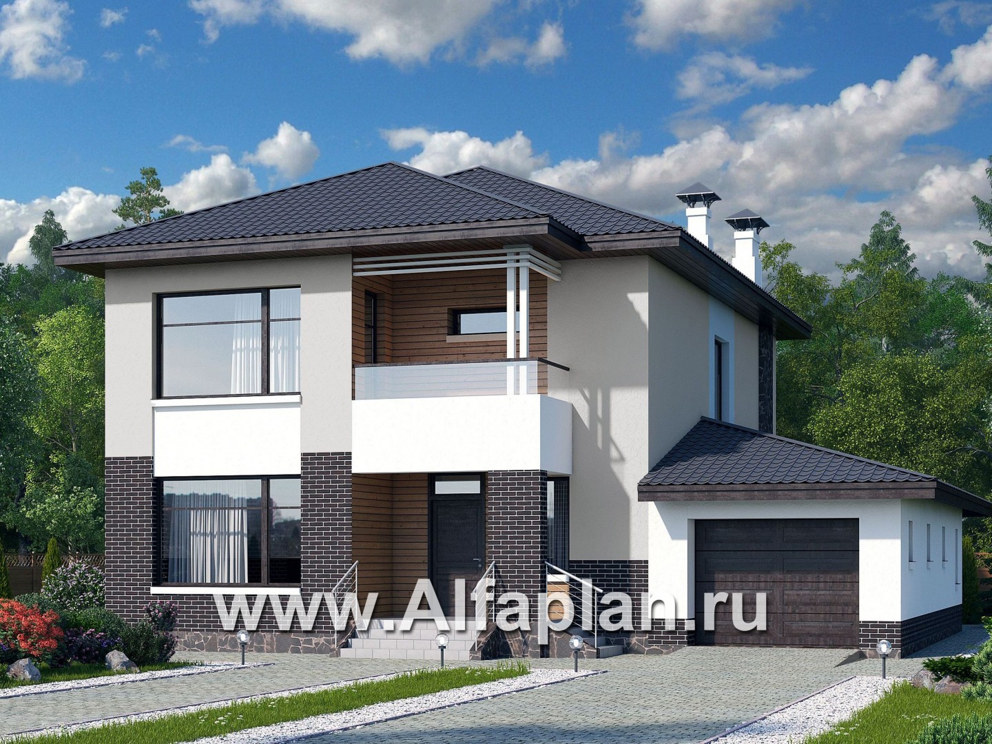 Проекты домов Альфаплан - «Ирида» - стильный современный дом с гаражом - основное изображение