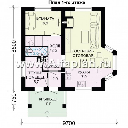 Проект дома с мансардой, планировка 3 спальни, с эркером и кабинетом на 1 эт, для маленького участка - превью план дома