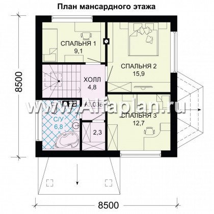 Проект дома с мансардой, планировка 3 спальни, с эркером и кабинетом на 1 эт, для маленького участка - превью план дома