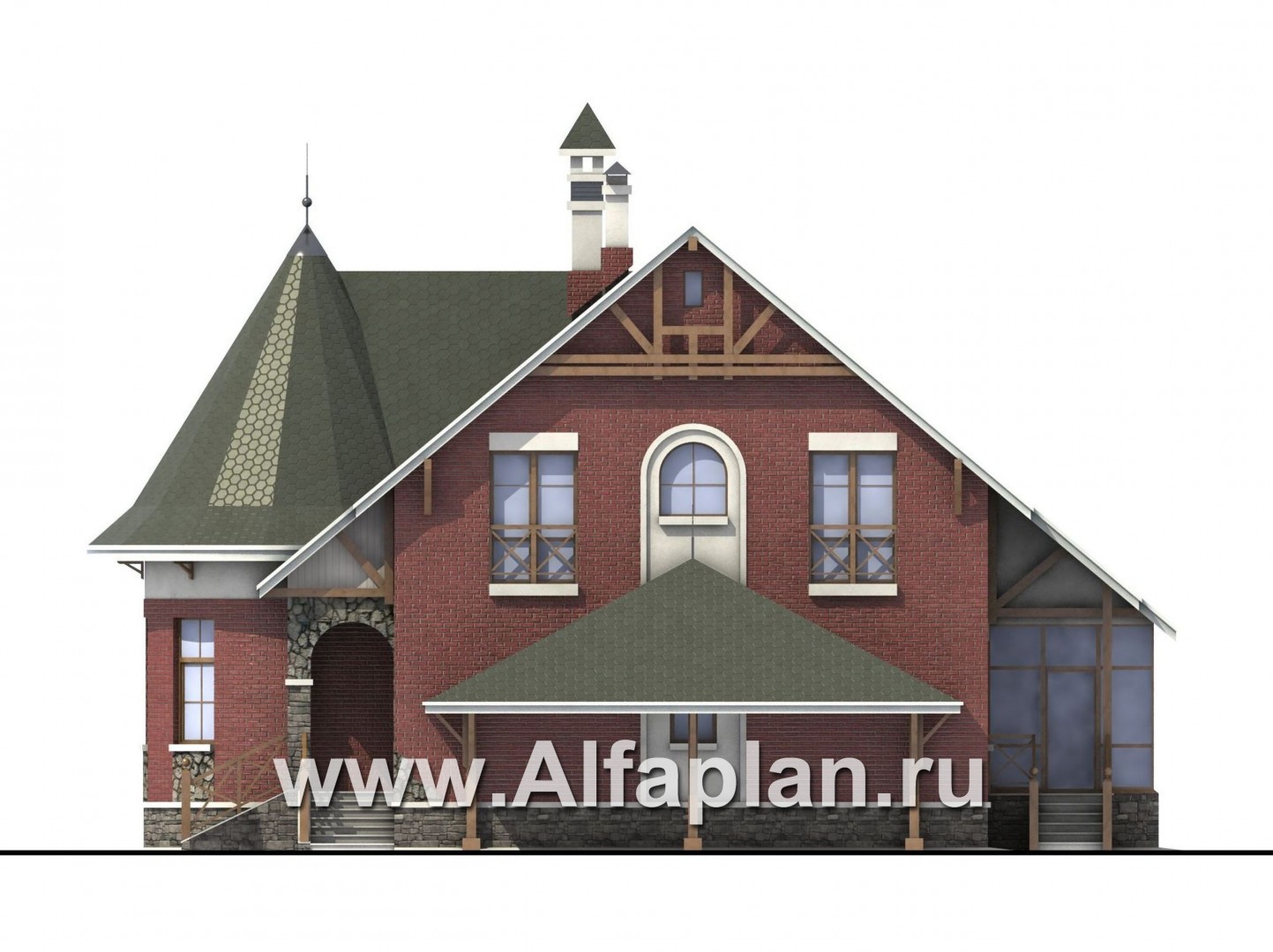 «Альтбург» - проект  дома с мансардой, с полукруглым эркером и с навесом для 1 авто, в стиле замка - фасад дома