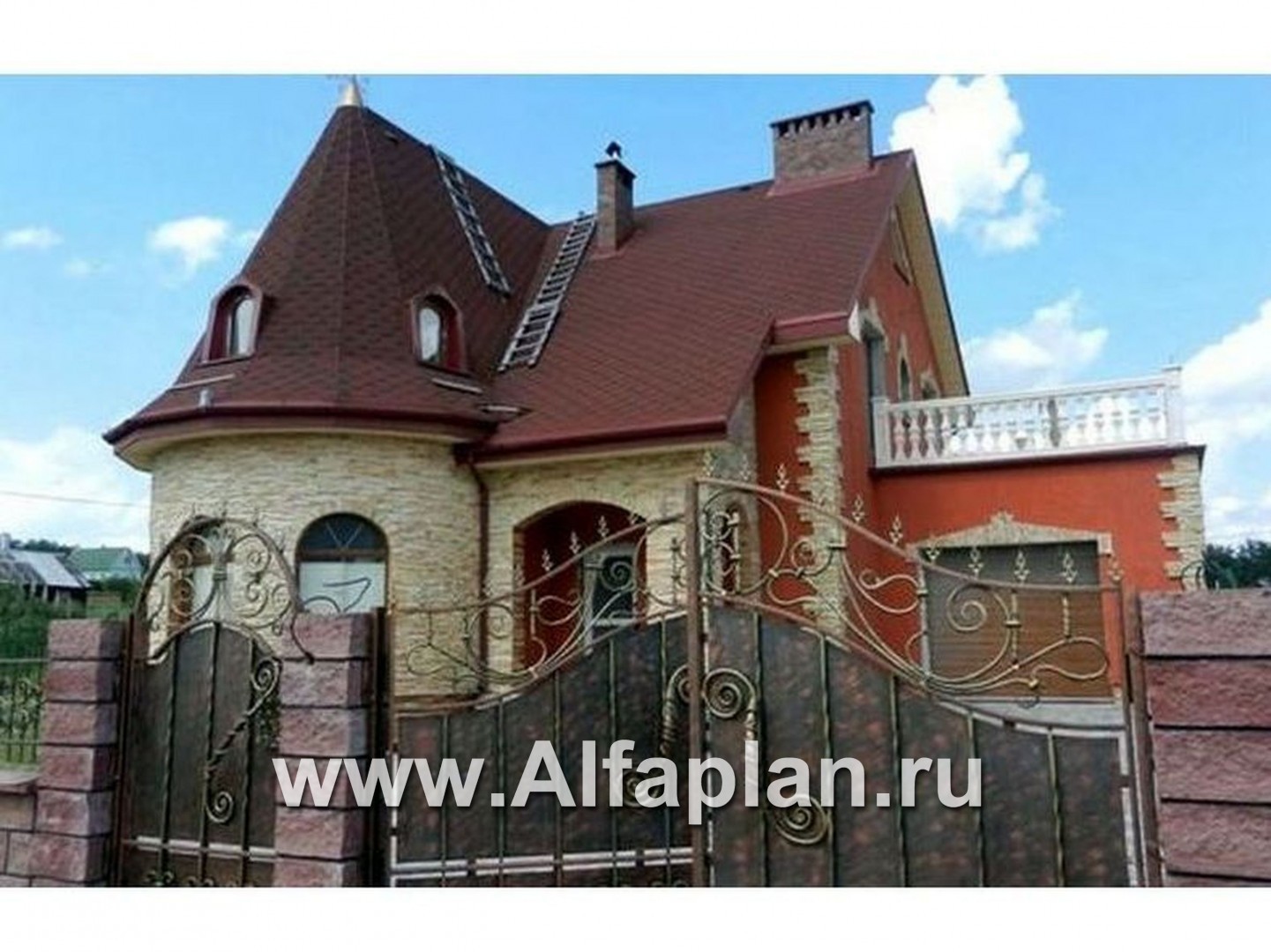 «Альтбург» - проект  дома с мансардой, с полукруглым эркером и с навесом для 1 авто, в стиле замка - дизайн дома №2