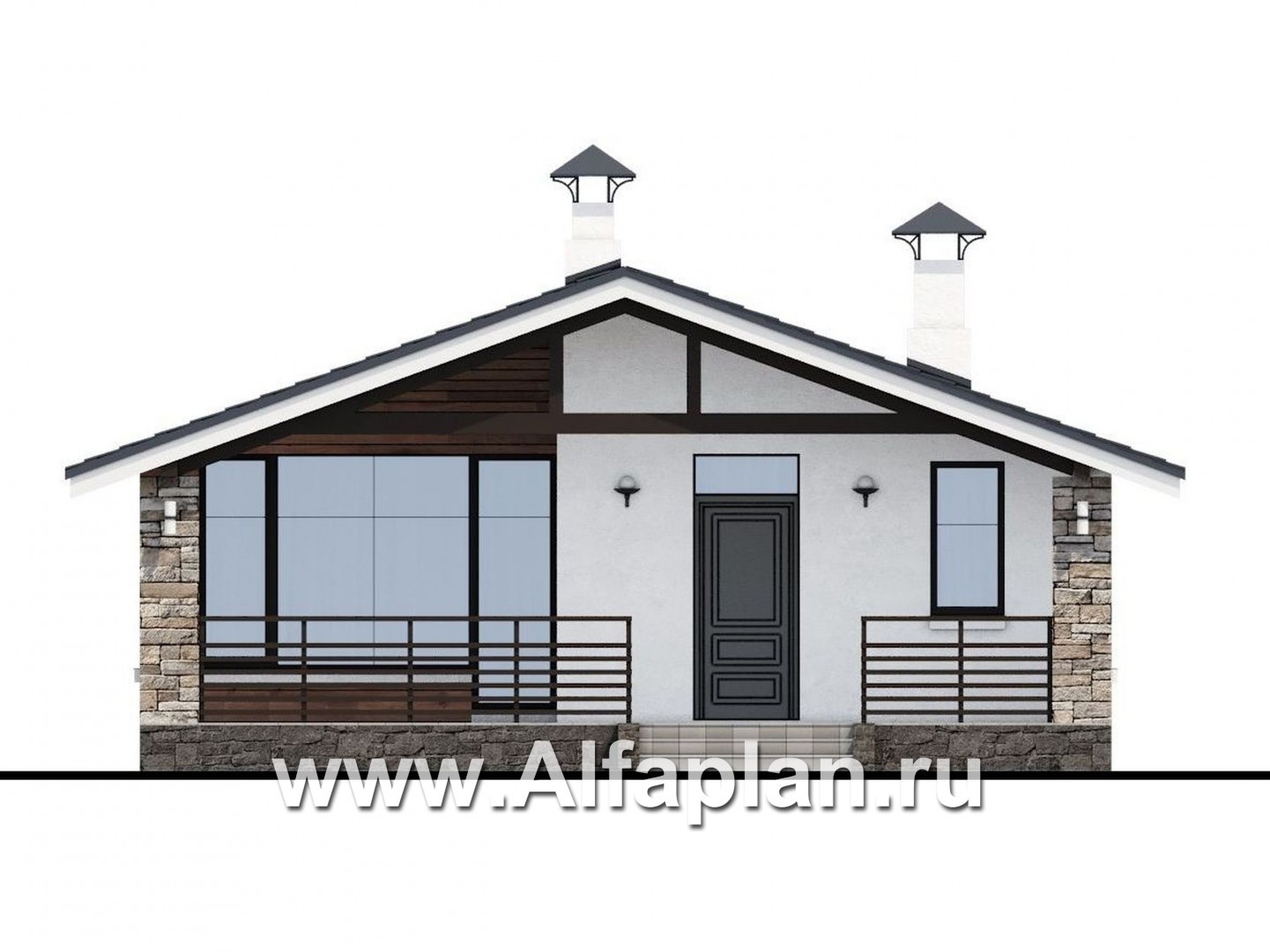Проекты домов Альфаплан - «Родия» - проект одноэтажного дома, 2 спальни, с террасой и двускатной крышей, в современном стиле - изображение фасада №1