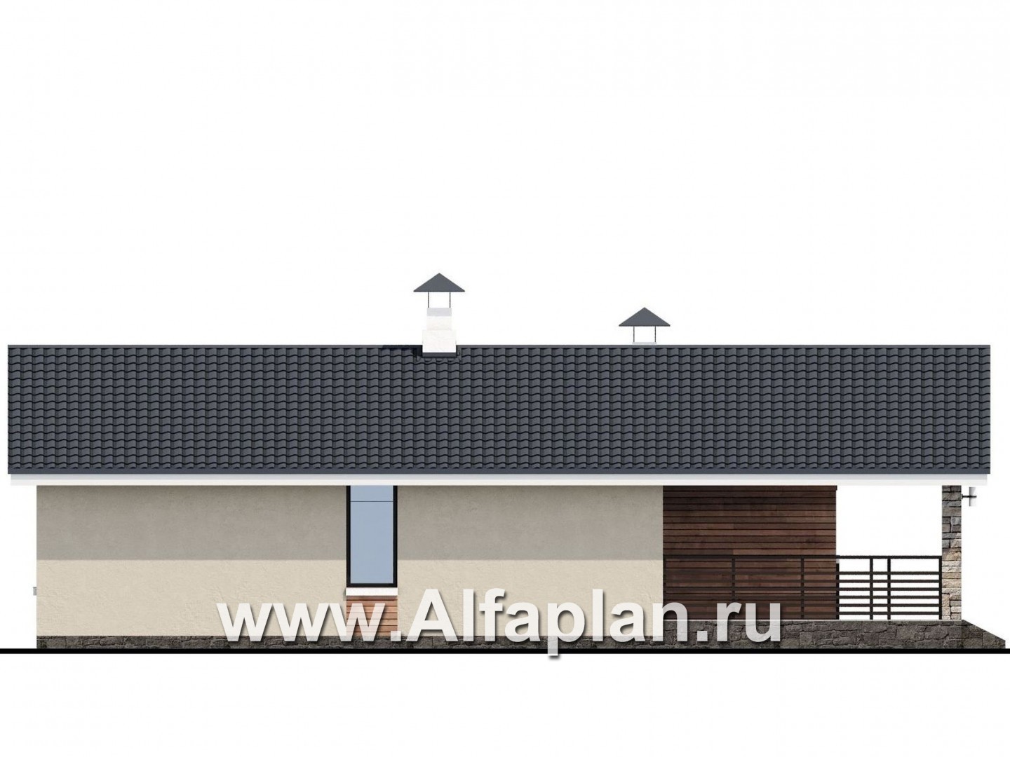 Проекты домов Альфаплан - «Родия» - проект одноэтажного дома, 2 спальни, с террасой и двускатной крышей, в современном стиле - изображение фасада №3