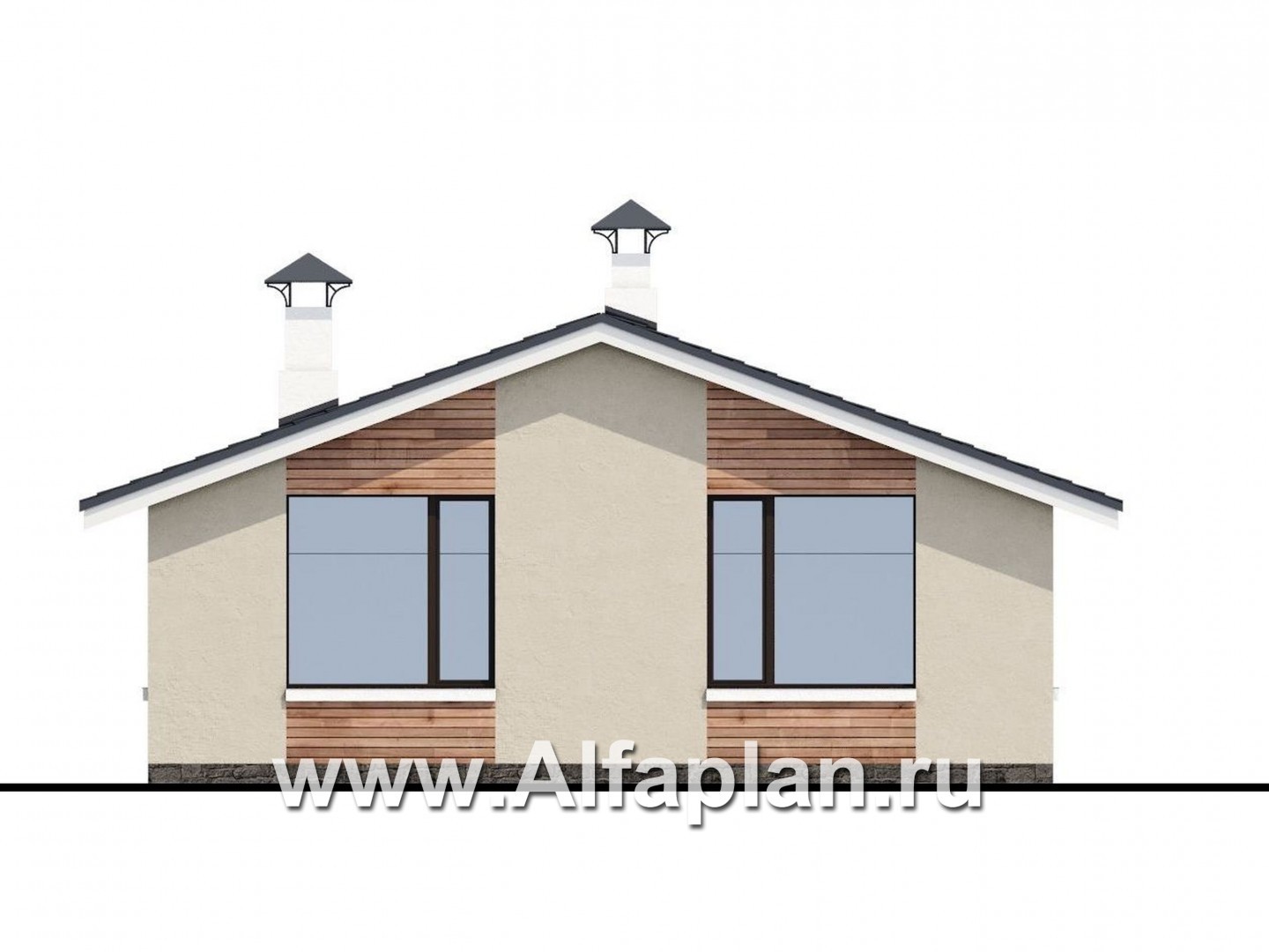 Проекты домов Альфаплан - «Родия» - проект одноэтажного дома, 2 спальни, с террасой и двускатной крышей, в современном стиле - изображение фасада №4