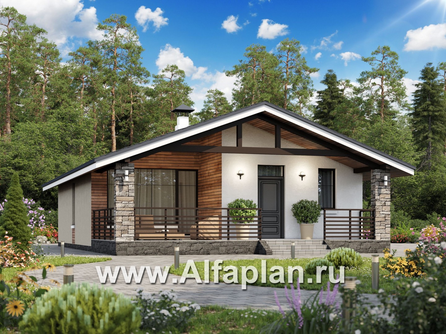 Проекты домов Альфаплан - «Родия» - проект одноэтажного дома, 2 спальни, с террасой и двускатной крышей, в современном стиле - основное изображение