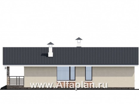 Проекты домов Альфаплан - «Родия» - проект одноэтажного дома, 2 спальни, с террасой и двускатной крышей, в современном стиле - превью фасада №2