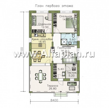 Проекты домов Альфаплан - «Родия» - проект одноэтажного дома, 2 спальни, с террасой и двускатной крышей, в современном стиле - превью плана проекта №1