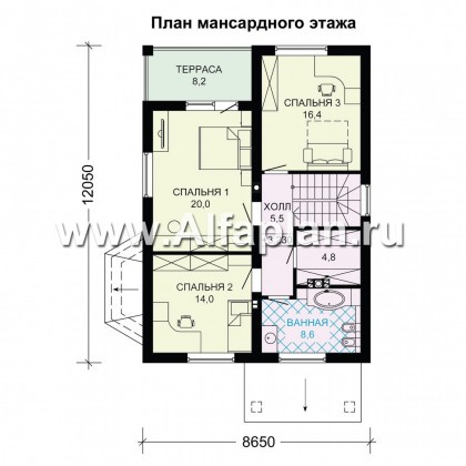 Проект дома с мансардой, планировка с террасой и кабинетом на 1 эт, с эркером и с гаражом на 1 авто - превью план дома