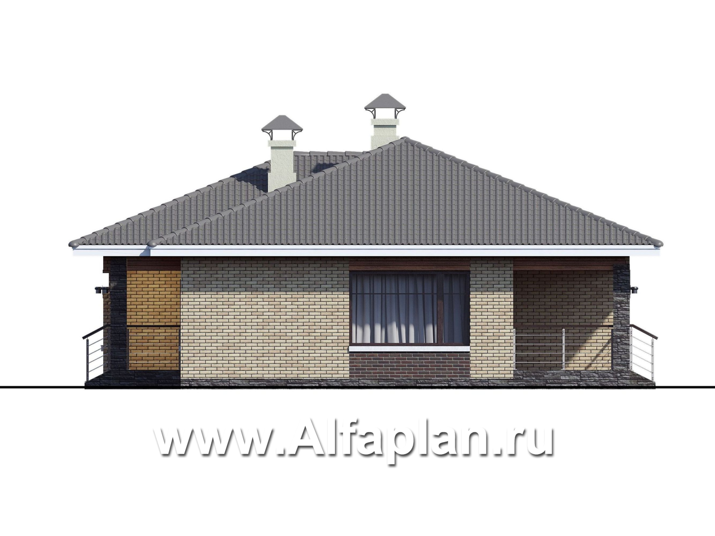 Проекты домов Альфаплан - «Вуокса» - проект одноэтажного дома из кирпича с комфортной планировкой - изображение фасада №2