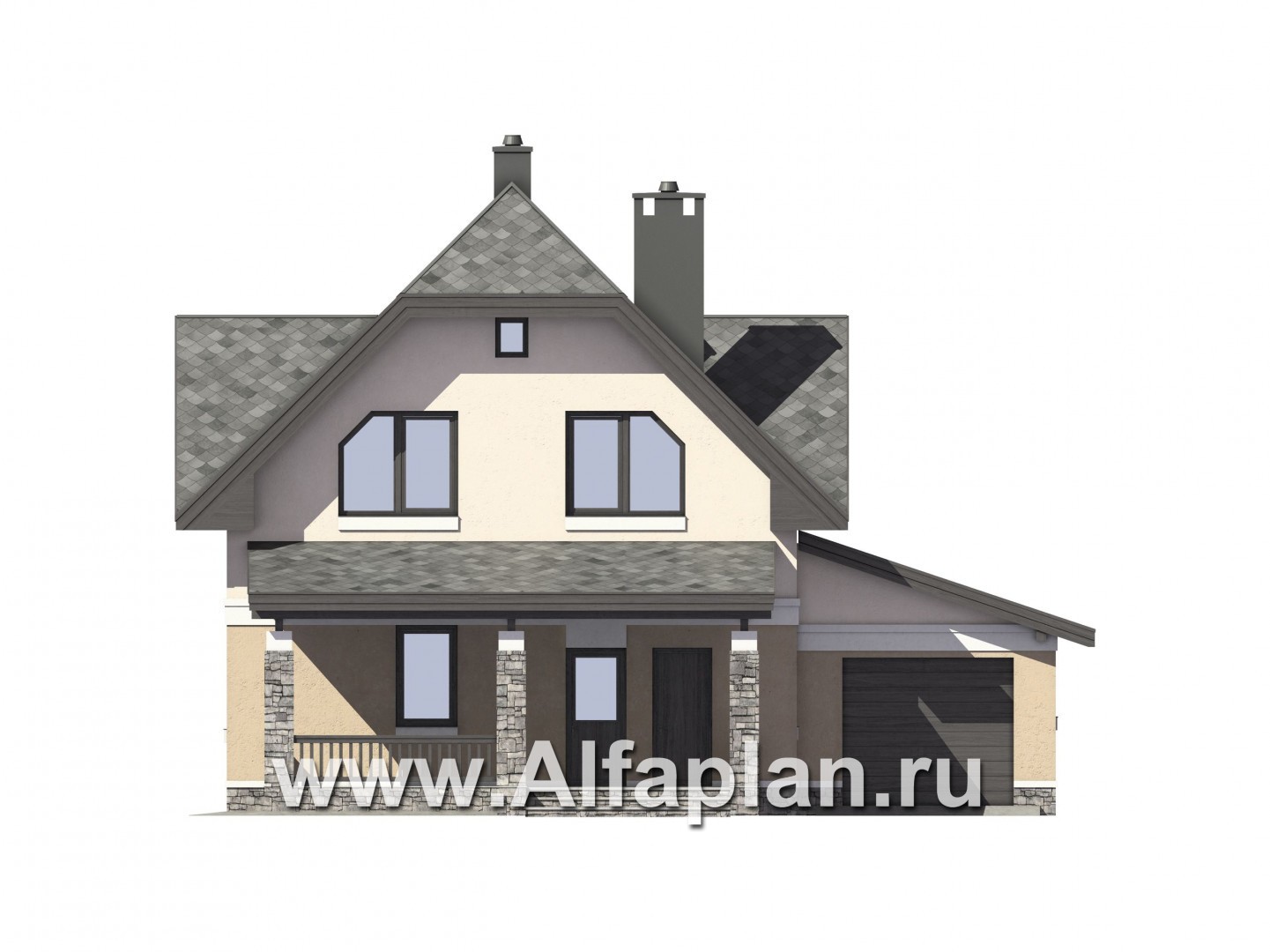 Проект дома с мансардой, планировка с террасой со стороны входа и кабинетом на 1 эт, с гаражом на 1 авто - фасад дома