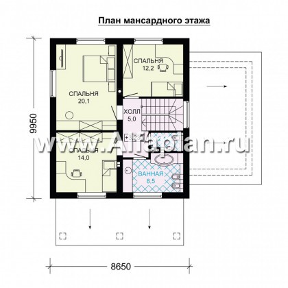 Проект дома с мансардой, планировка с террасой со стороны входа и кабинетом на 1 эт, с гаражом на 1 авто - превью план дома