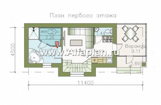 Проект бани с студией в мансарде - превью план дома