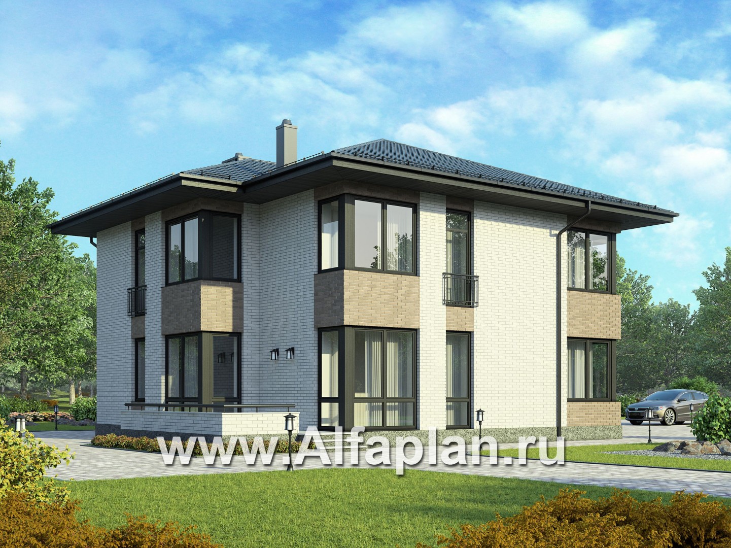 Проекты домов Альфаплан - Двухэтажный дом с угловым остеклением - дополнительное изображение №1
