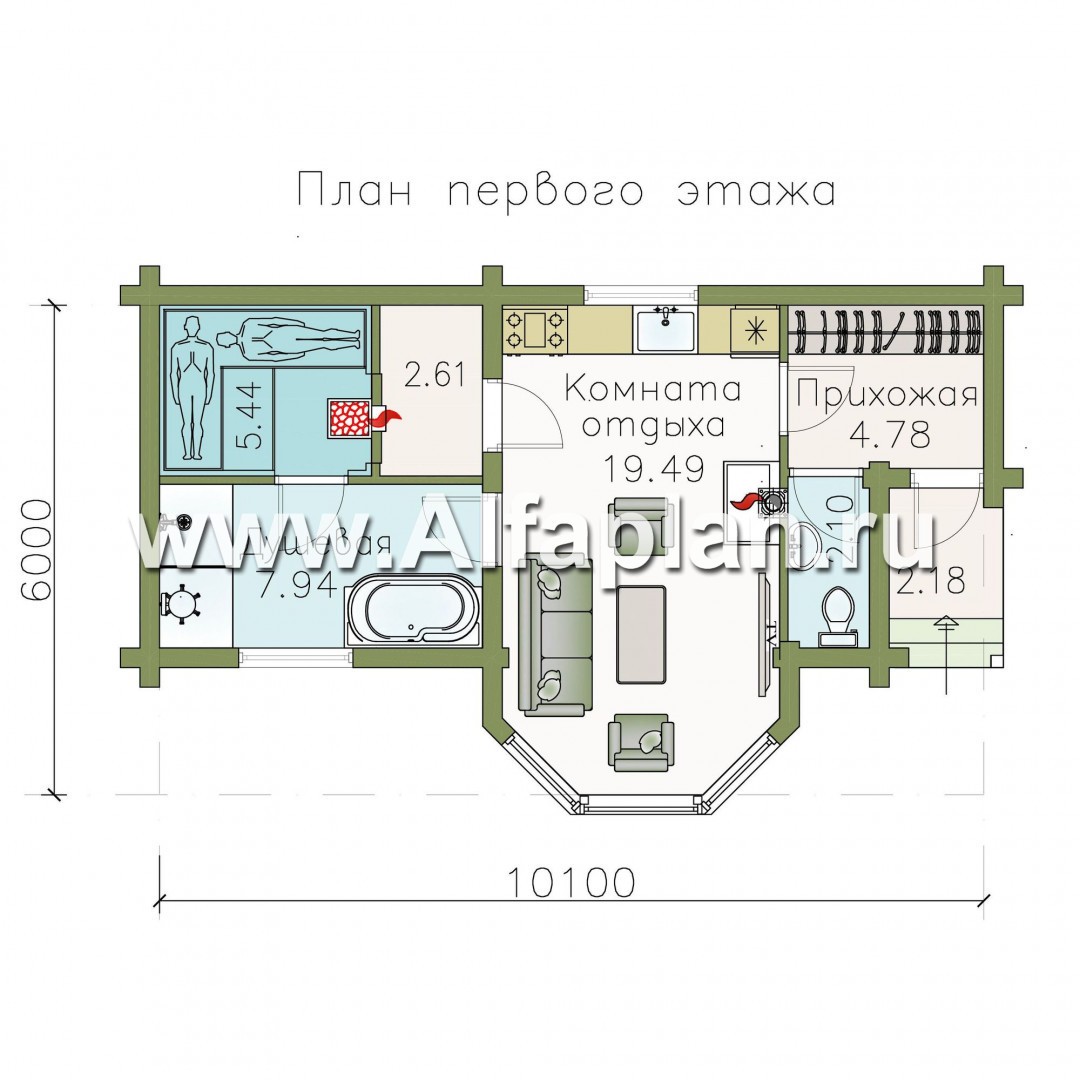 Проекты домов Альфаплан - Проект бани, из дерева, из клееного бруса, с эркером - план проекта №1