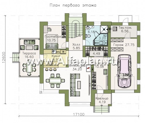 «Печора» - проект двухэтажного дома, в современном стиле, с сауной и с террасой, с гаражом - превью план дома