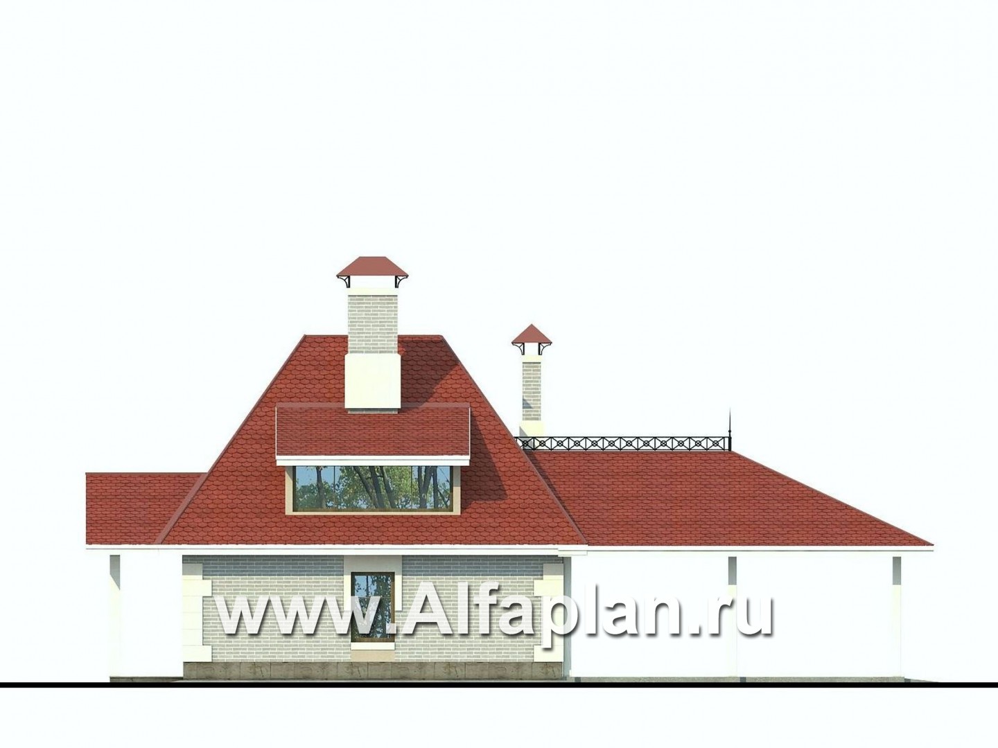 Проект бани со студией в мансарде и с навесом для 2 авто - фасад дома