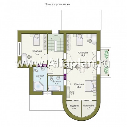 «Авалон» - проект двухэтажного дома с полукруглым эркером, с террасой, с башней в стиле замка - превью план дома