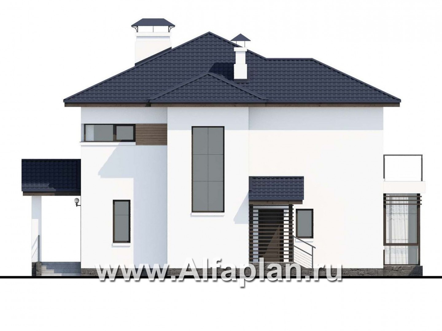 Проекты домов Альфаплан - «Эффект бабочки» - современный дом с красивой угловой террасой - изображение фасада №4