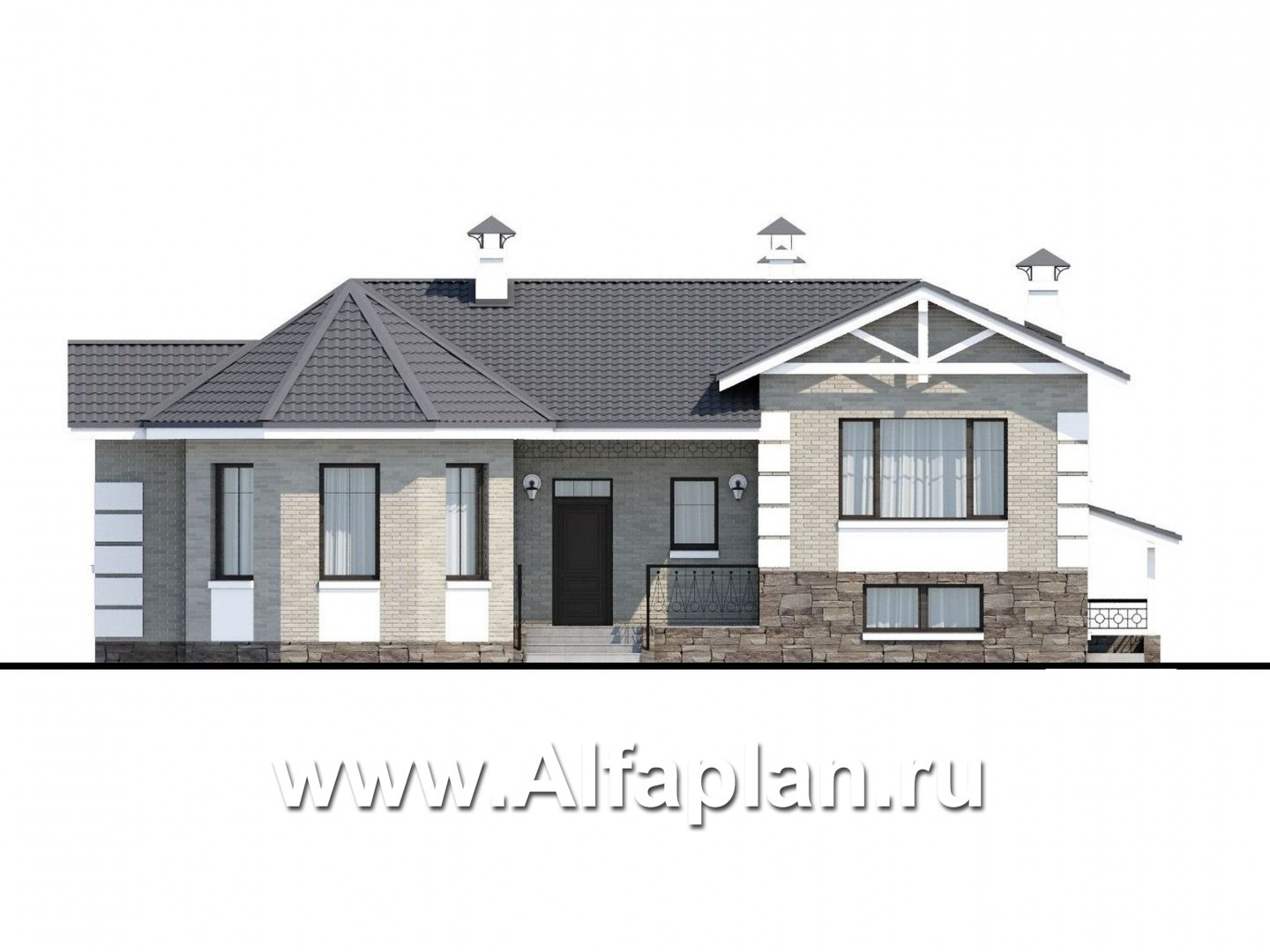 Проекты домов Альфаплан - «Тайный советник» - проект полутораэтажного дома, с эркером и с террасой - изображение фасада №1