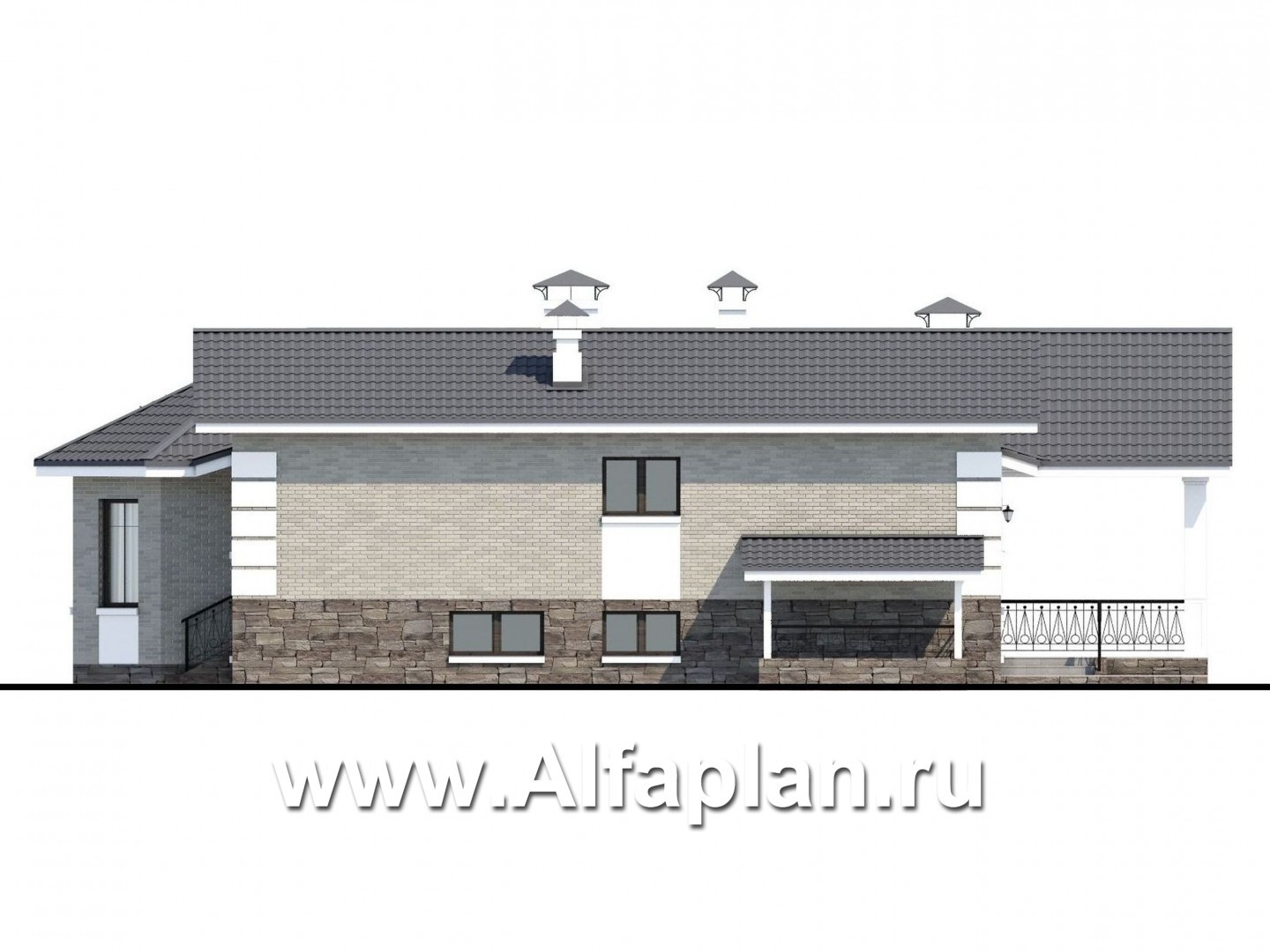 Проекты домов Альфаплан - «Тайный советник» - проект полутораэтажного дома, с эркером и с террасой - изображение фасада №2