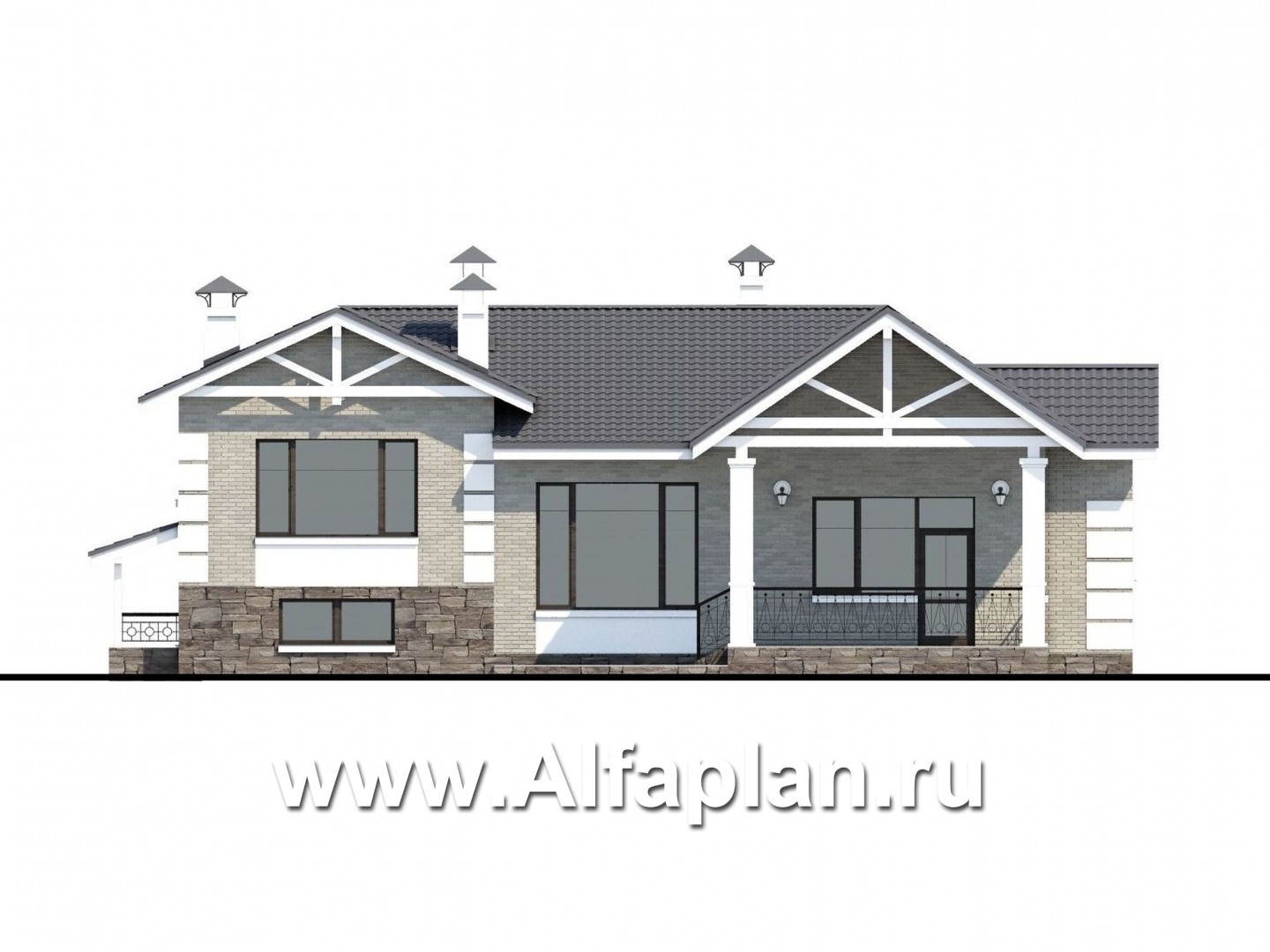 Проекты домов Альфаплан - «Тайный советник» - проект полутораэтажного дома, с эркером и с террасой - изображение фасада №4