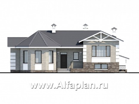 Проекты домов Альфаплан - «Тайный советник» - проект полутораэтажного дома, с эркером и с террасой - превью фасада №1