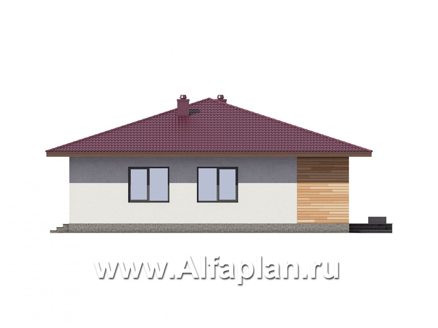 Проект одноэтажного коттеджа из газобетона, план 2 спальни и терраса, в современном стиле - фасад дома