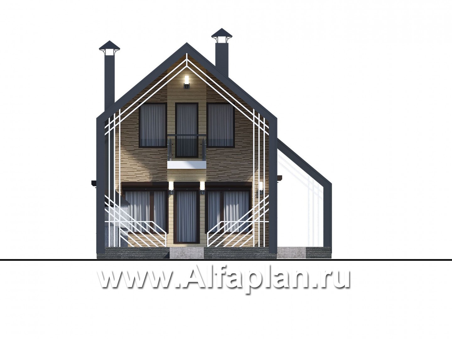Проекты домов Альфаплан - «Омега» - проект двухэтажного каркасного коттеджа, с террасой, план дома с 5-ю спальнями - изображение фасада №1