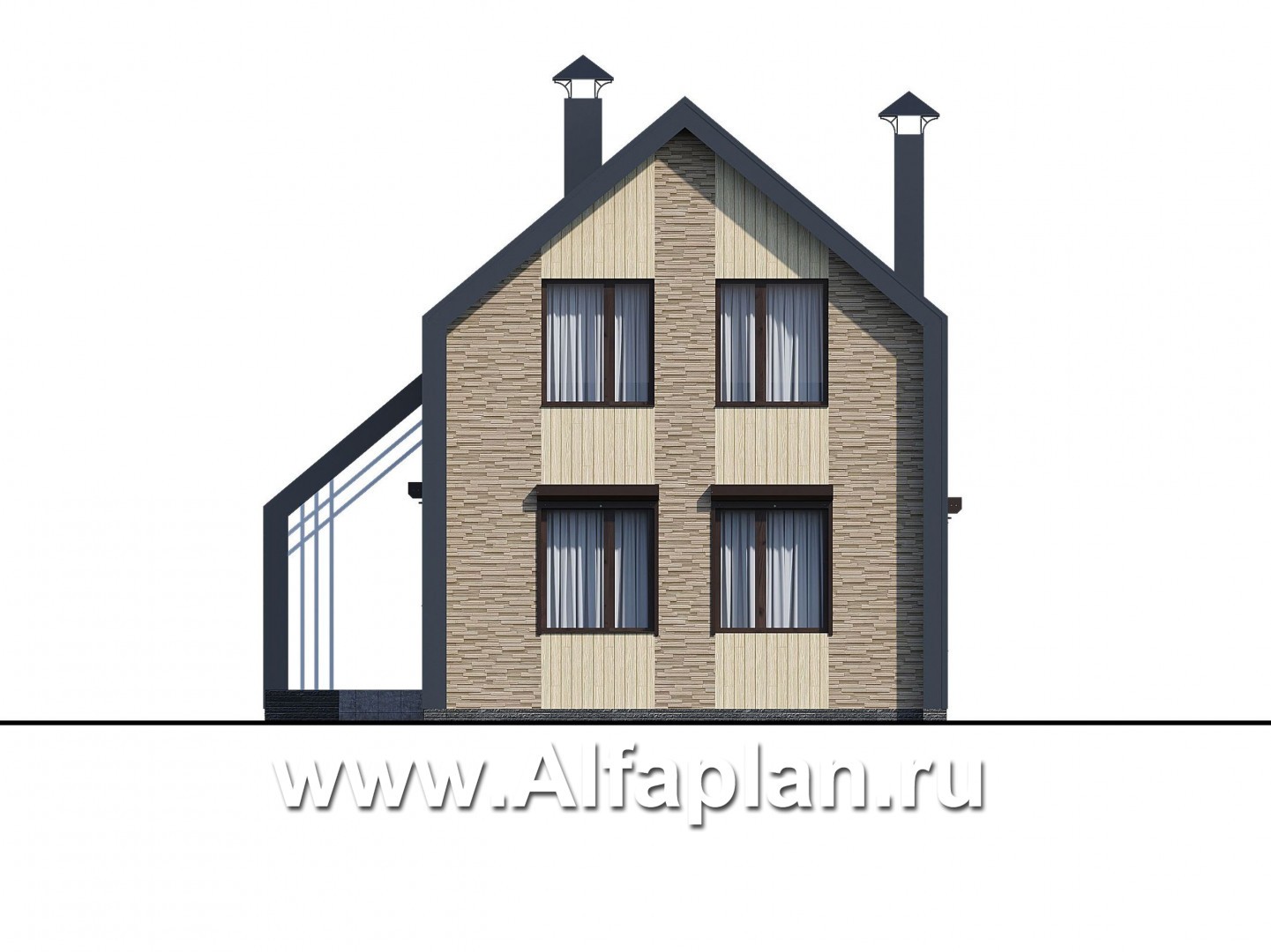 Проекты домов Альфаплан - «Омега» - проект двухэтажного каркасного коттеджа, с террасой, план дома с 5-ю спальнями - изображение фасада №4