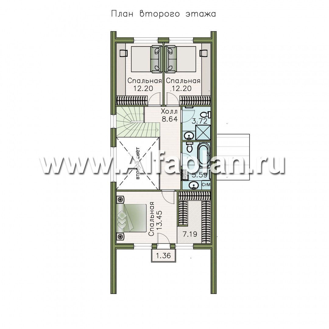 Проекты домов Альфаплан - «Омега» - проект двухэтажного каркасного коттеджа, с террасой, план дома с 5-ю спальнями - изображение плана проекта №2
